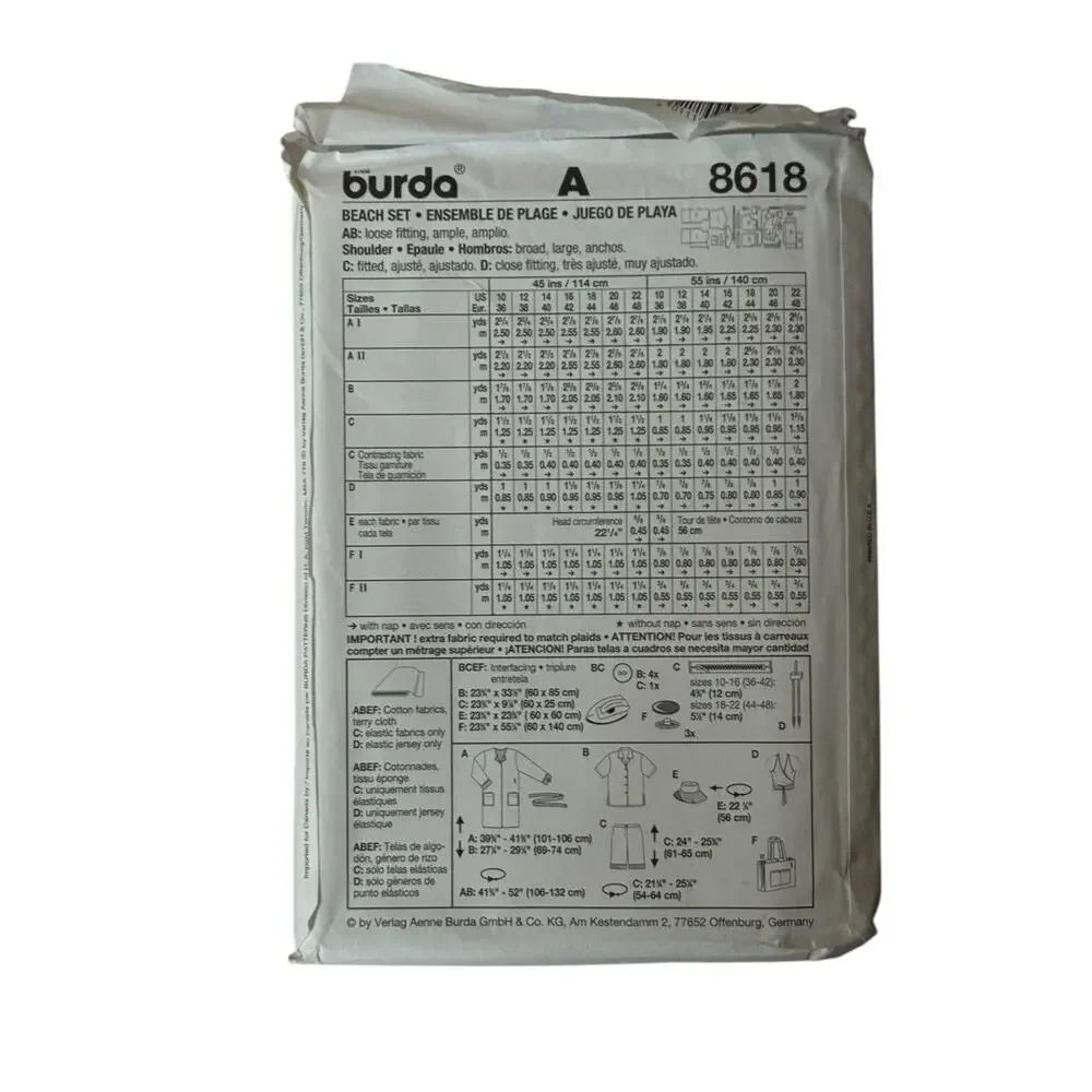 Burda 8618 Sewing Pattern‎ Sizes 10 - 22 Beach Set Ladies Pool Swimming Coverup